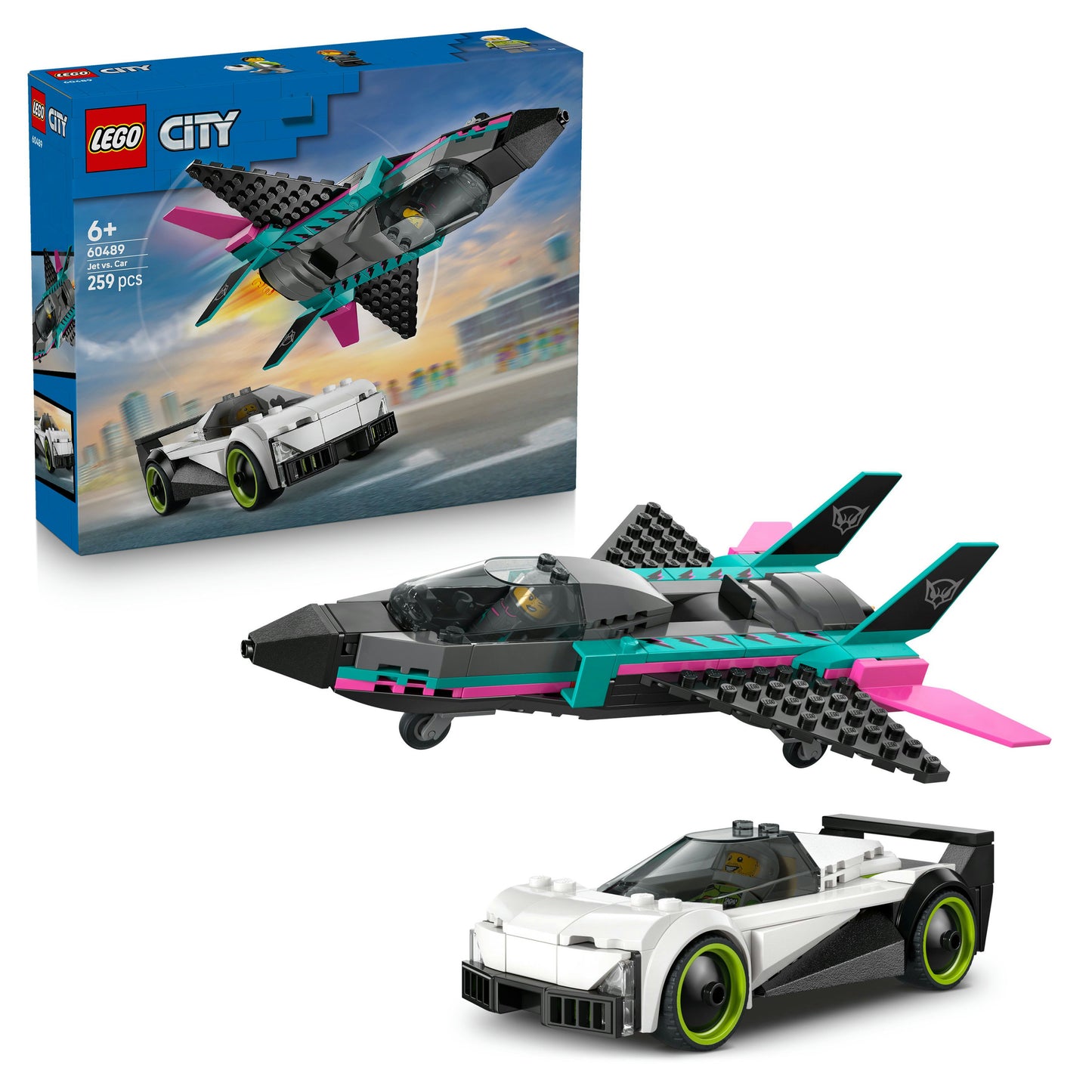 LEGO® City Straalvliegtuig vs. Sportauto - Bouwset met Speelgoedauto en 2 Minifiguren voor Kinderen Vanaf 6 Jaar - 60489