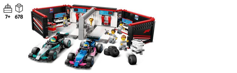 LEGO Pitbox met Mercedes AMG en Alpine F1 auto's 60444 City