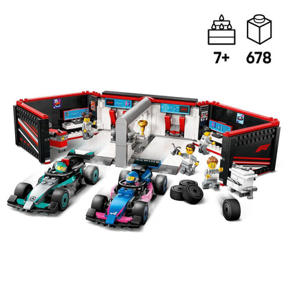 LEGO Pitbox met Mercedes AMG en Alpine F1 auto's 60444 City